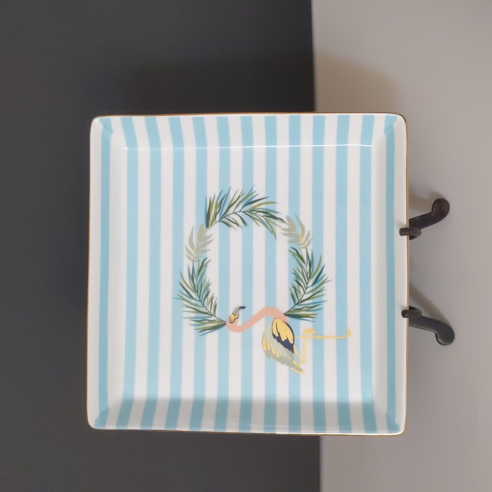 Mark and Graham flamingo plate blue stripes gold trim
